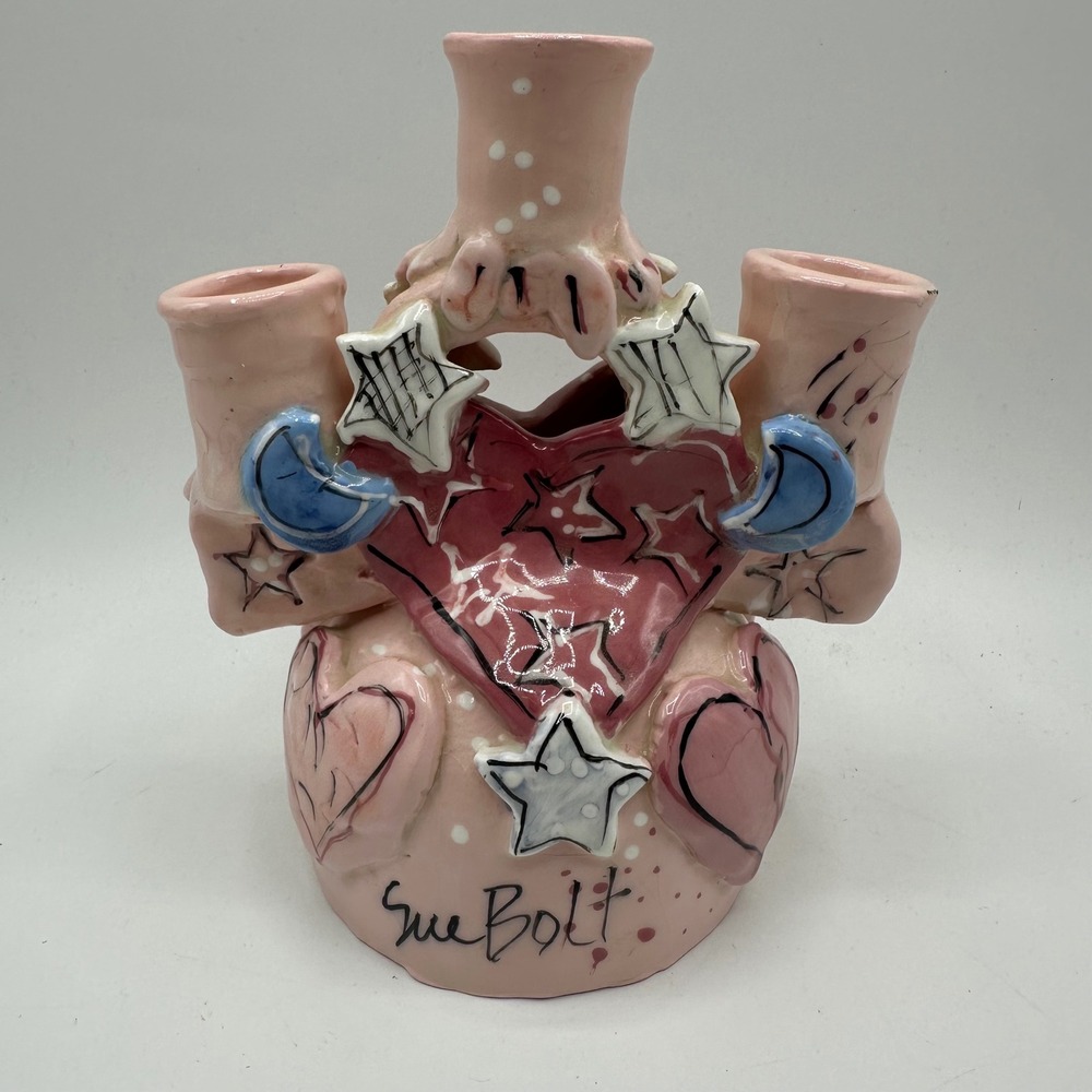 Sue Bolt Pottery Signed Whimsical Candelabra Hand Painted Hearts Stars Moon Pink